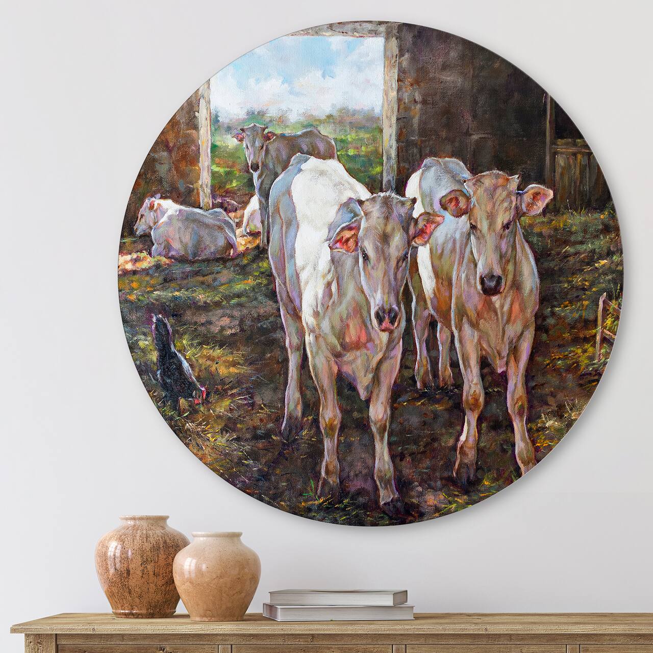 Designart - Two Cows In The Stable - Farmhouse Metal Circle Wall Art